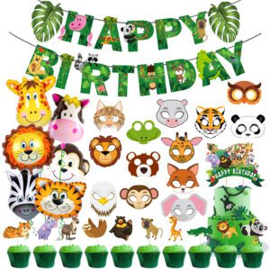 Jungle Safari Birthday Decoration Kids – Banner, Foil Balloons, Masks, Cupcake Topper (Pack of 31)