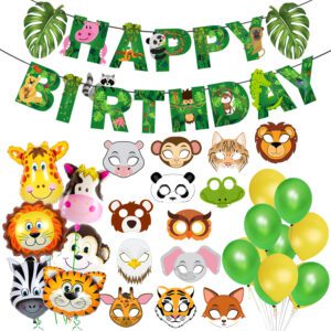Jungle Safari Birthday Decoration – Banner, Foil Balloons And Masks (Pack of 45)