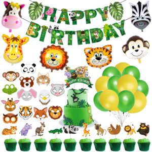 Jungle Safari Happy Birthday Decorations – Banner, Balloons,Cake Topper (Pack of 56)
