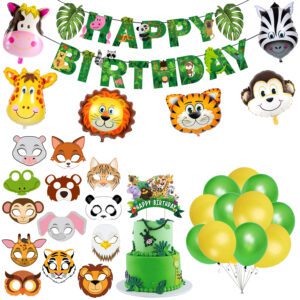 Jungle Safari Birthday Decoration kit – Banner, Balloons, Cake Topper & Masks (Pack of 46)