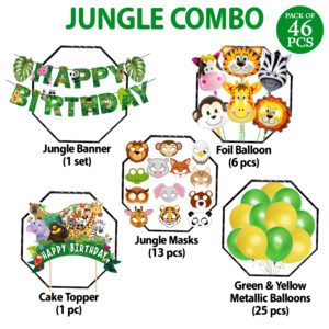 Jungle Safari Birthday Decoration kit – Banner, Balloons, Cake Topper & Masks (Pack of 46)