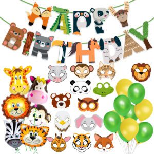 Jungle Safari Birthday Decorations – Banner, Balloons, Foil Balloons & Masks (Pack of 45)
