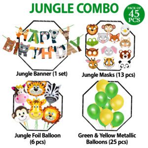 Jungle Safari Birthday Decorations – Banner, Balloons, Foil Balloons & Masks (Pack of 45)