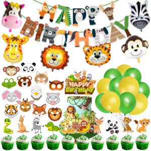 Jungle Safari Birthday Decorations – Banner, Balloons, Cake Topper, Masks (Pack Of 56)