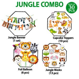 Jungle Safari Birthday Decorations – Banner,Foil Balloons, Cupcake Topper & Masks (Pack of 30)