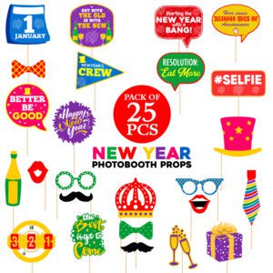 Multicolour New Year Photo Booth Props 2024 – New Year Decorations Props (Pack of 25)