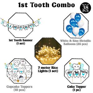 First Tooth Decoration Combo Set for Boy Baby – Banner, Balloons, Cake & Cupcake Topper & Light (Pack Of 38)