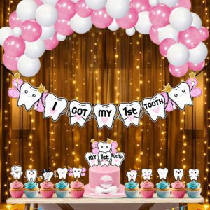 First Tooth Decoration Items For Baby Girl – Banner, Balloons, Cake Topper (Pack Of 38)