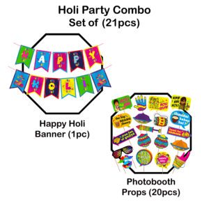 Happy Holi Decorations Combo Photo Booth Props & Happy Holi Banner (Pack of 21)