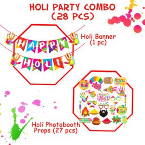 Happy Holi Decorations Combo – Photo Booth Props & Happy Holi Banner (Pack of 28)