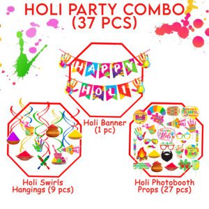 Happy Holi Decorations Combo – Banner, Swirls Hangings & Photo Booth Props (Pack Of 37)