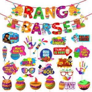 Holi Decorations Combo Set – Rang Barse Banner with PhotoBooth Props (Pack of 26)