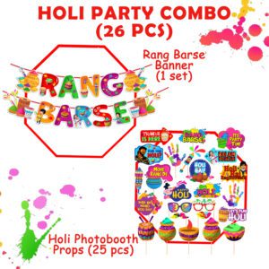 Holi Decorations Combo Set – Rang Barse Banner with PhotoBooth Props (Pack of 26)