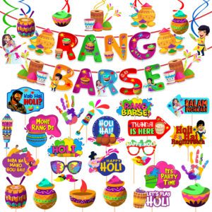 Holi Decorations Combo – Rang Barse Banner, Swirls with Multicolor Photo Booth Props (Pack of 33)