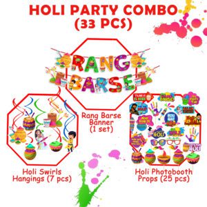 Holi Decorations Combo – Rang Barse Banner, Swirls with Multicolor Photo Booth Props (Pack of 33)
