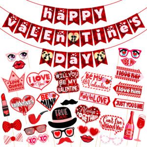 Valentines Day Decorations Combo – Banner & Photo Booth Props 32 Pcs