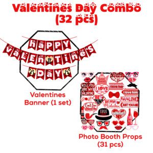 Valentines Day Decorations Combo – Banner & Photo Booth Props 32 Pcs