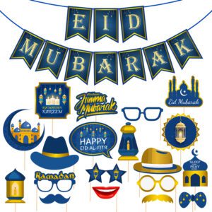 Eid Mubarak Decorations Items – Photo Booth Props with Eid Mubarak Banner (Pack of 20)