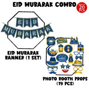Eid Mubarak Decorations Items – Photo Booth Props with Eid Mubarak Banner (Pack of 20)