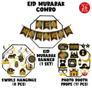 Eid Mubarak Decorations Kit – Banner, Swirls with Photo Booth Props (Pack of 26)
