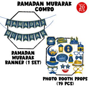 Eid Mubarak Photo Booth Props with Ramadan Mubarak Banner (Pack of 20)