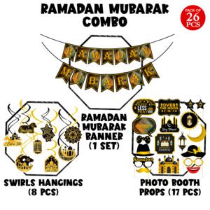 Ramadan / Eid Mubarak Decorations Set – Banner, Swirls & Photo Booth Props (Pack of 26)