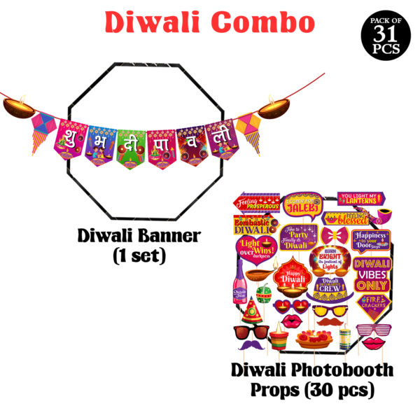 Happy Diwali Party Photo Booth Props and Paper Banner Kit Festival of Lights Prop (31 Pieces) - Image 2