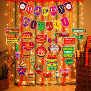 Diwali Decorations Set - Multicolour Photo Booth Props, Banner & Rice Light (Pack Of 32)