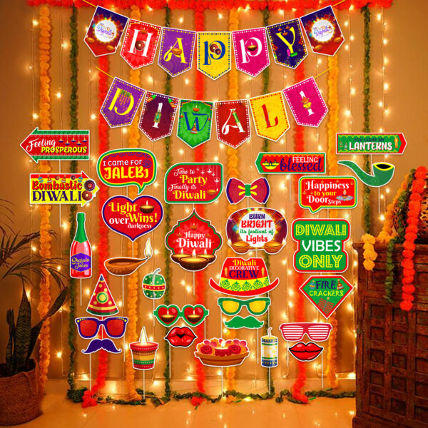 Diwali Decorations Set - Multicolour Photo Booth Props, Banner & Rice Light (Pack Of 32)
