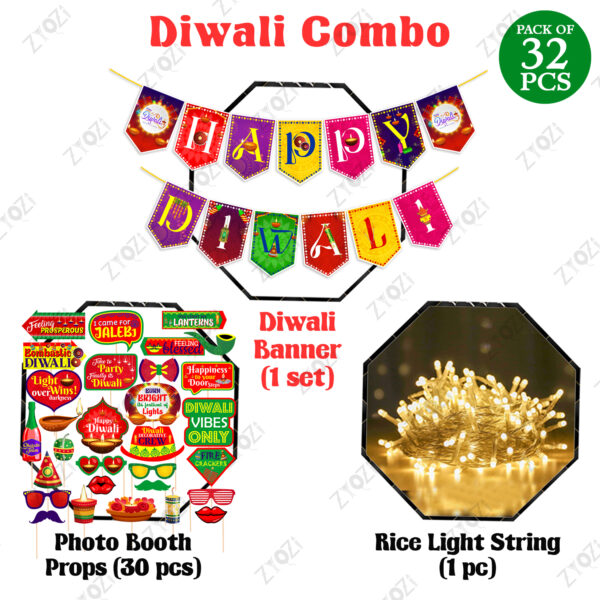 Diwali Decorations Set - Multicolour Photo Booth Props, Banner & Rice Light (Pack Of 32) - Image 2