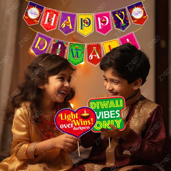 Diwali Decorations Set - Multicolour Photo Booth Props, Banner & Rice Light (Pack Of 32) - Image 5