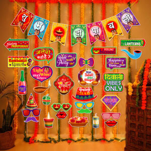MultiColor Happy Diwali Decorations Set, Diwali Festival Of Light - Shubh Deepavali Banner With Photo Booth Props (Pack Of 31)