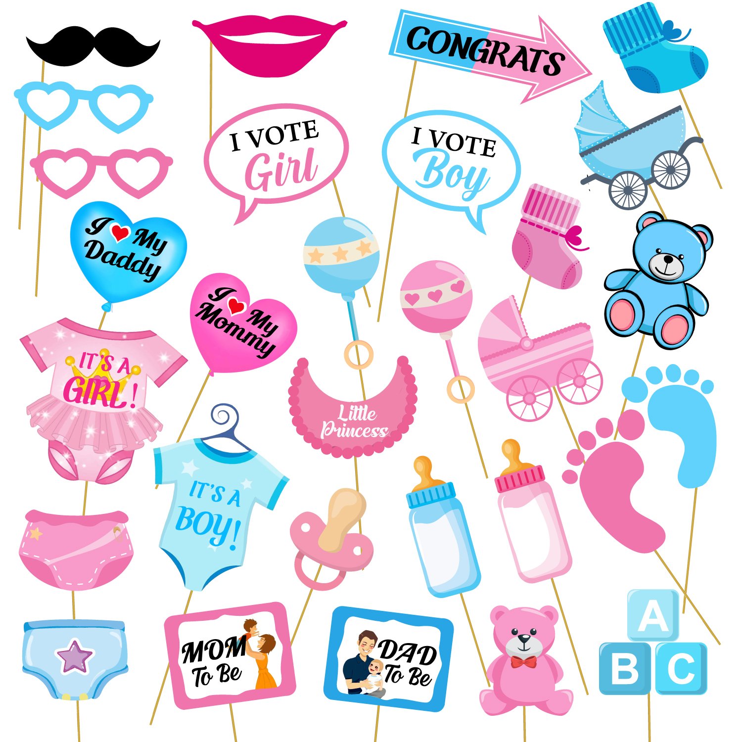 Zyozi 30 Pcs Baby Photo Booth Props Party Kids Shower Birthday Party/DIY Baby Shower Photo Booth Props Funny Creative Birthday Decor for Celebrating Birthday