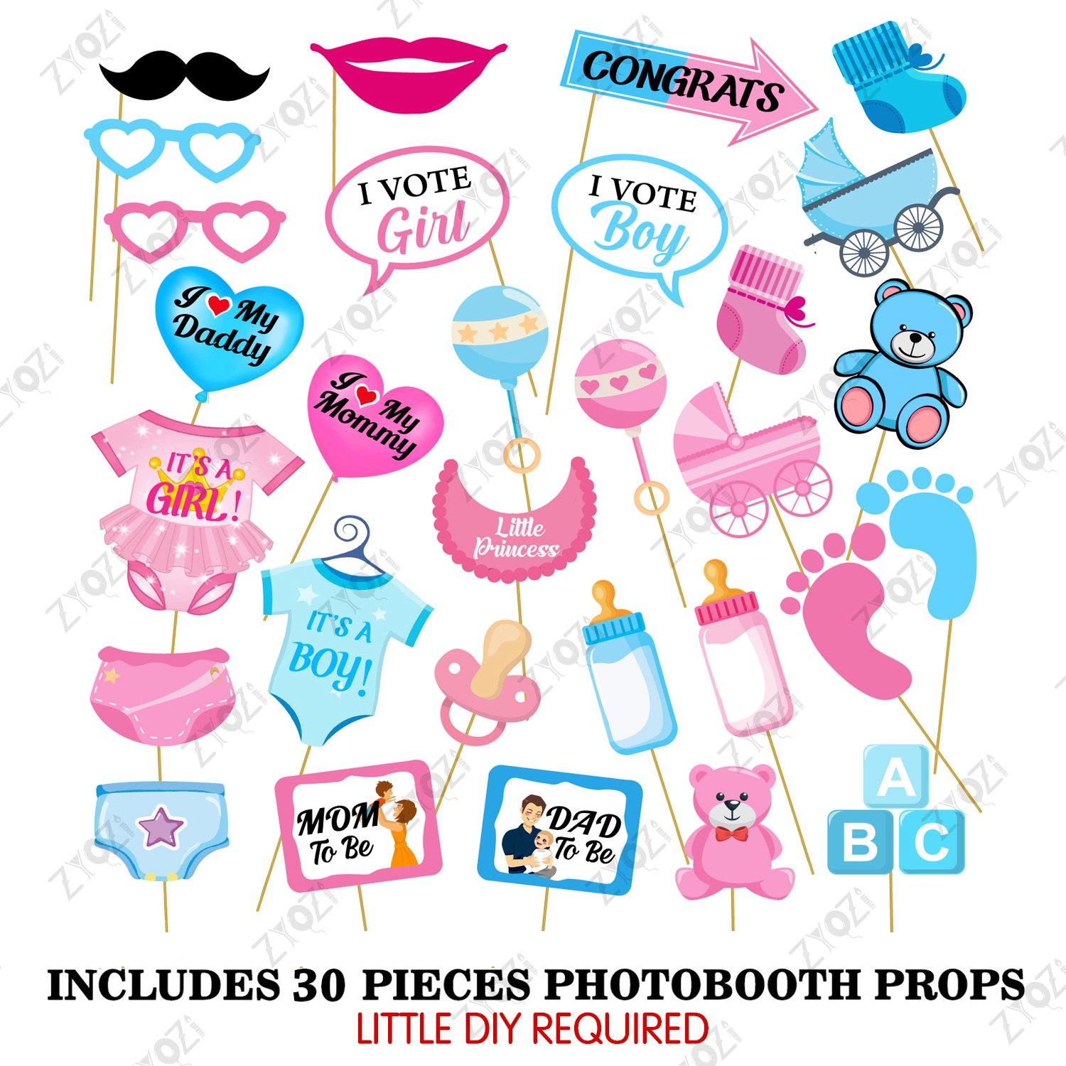 Zyozi 30 Pcs Baby Photo Booth Props Party Kids Shower Birthday Party/DIY Baby Shower Photo Booth Props Funny Creative Birthday Decor for Celebrating Birthday - Image 2