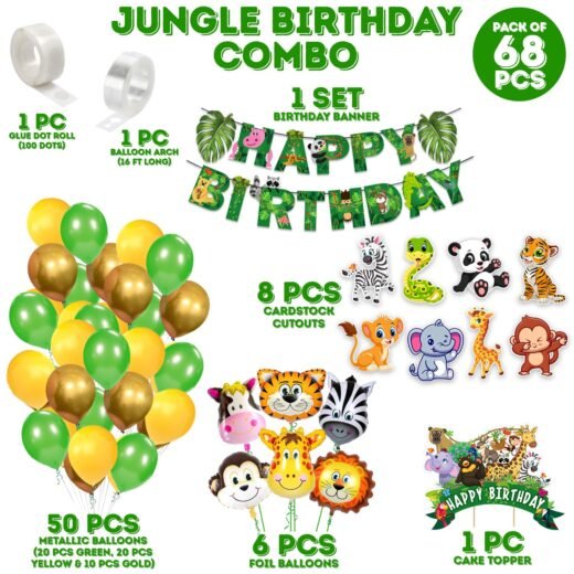 Zyozi Jungle Safari Birthday Decoration Kids,Animal Birthday Party Decoration Paper Bunting Banner with Balloons, Cake Topper,Foil Balloons, Cardstock Cutout,Glue & Arch Kit (Pack of 68)