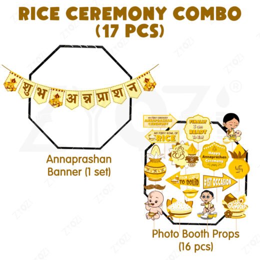 Zyozi Yellow & Brown Theme Annaprashan Decorations Set - Shubh Annaprashan Paper Banner & Photo Booth Props| Rice Ceremony Set (Pack Of 17)