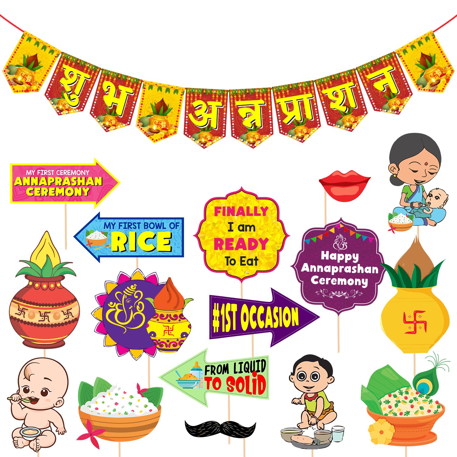 Zyozi Annaprasanam Photo Booth Props with Annaprasanam Paper Banner Hindi Font Shubh Annaprashan Yellow & Red Color Font/Rice Ceremony Decorations Items /(Pack of 17)