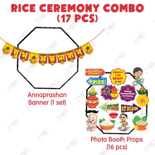 Zyozi Annaprasanam Photo Booth Props with Annaprasanam Paper Banner Hindi Font Shubh Annaprashan Yellow & Red Color Font/Rice Ceremony Decorations Items /(Pack of 17)