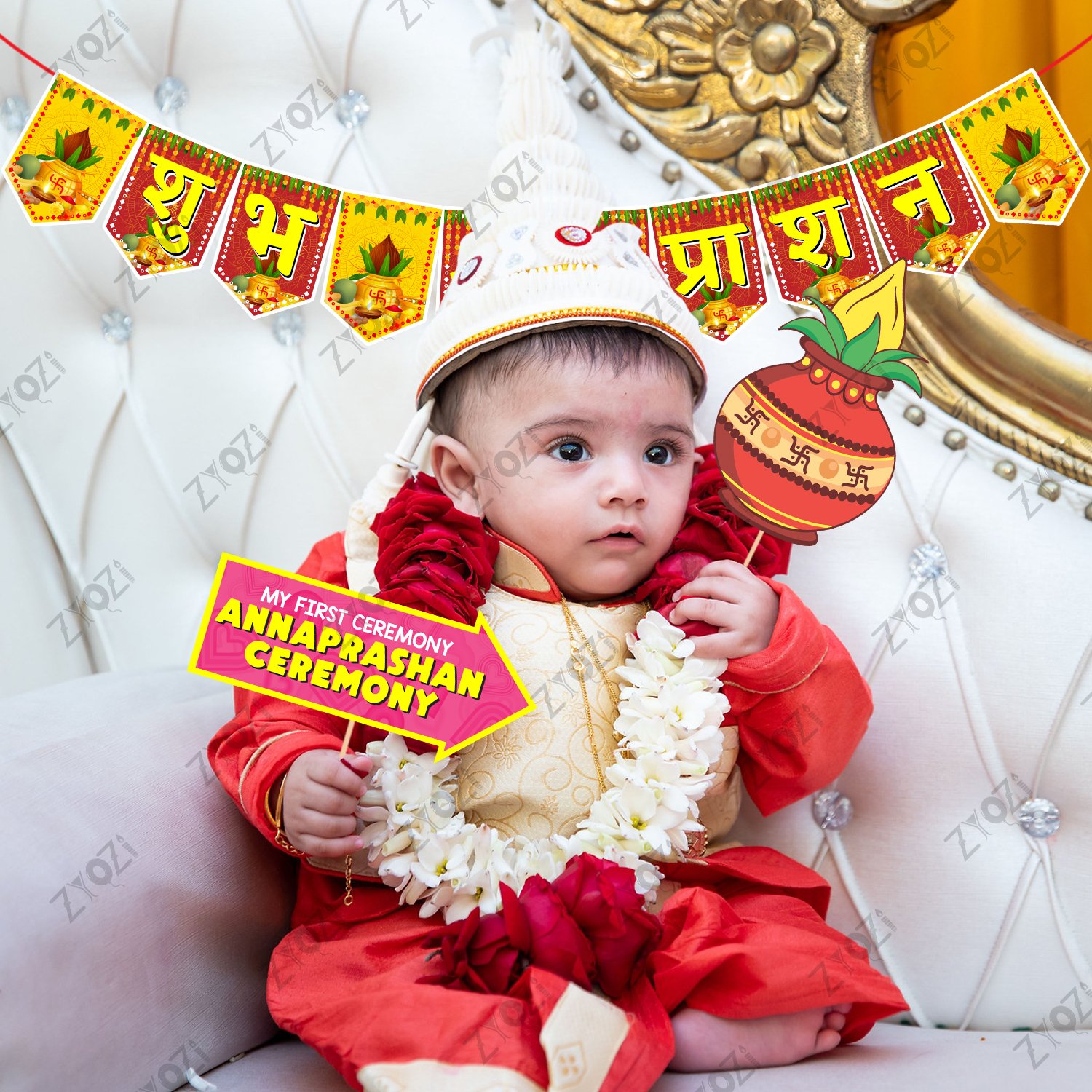 Zyozi Annaprasanam Photo Booth Props with Annaprasanam Paper Banner Hindi Font Shubh Annaprashan Yellow & Red Color Font/Rice Ceremony Decorations Items /(Pack of 17) - Image 6