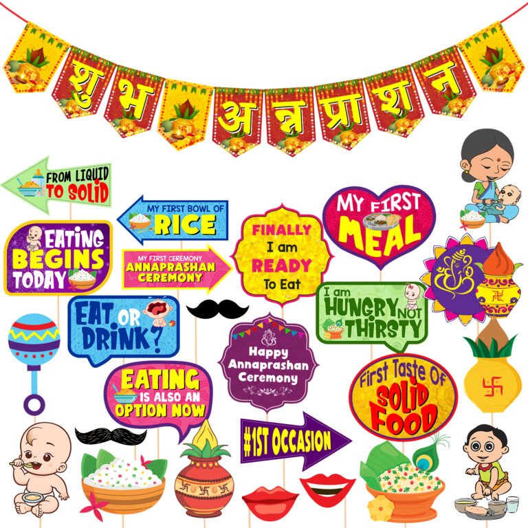 Zyozi 25 Pcs Annaprasanam Photo Booth with Paper Bunting Paper Banner Hindi Font Shubh Annaprashan Yellow & Red Color Font/Annaprashan Decoration Items (Pack of 26)