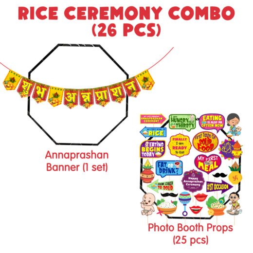 Zyozi 25 Pcs Annaprasanam Photo Booth with Paper Bunting Paper Banner Hindi Font Shubh Annaprashan Yellow & Red Color Font/Annaprashan Decoration Items (Pack of 26)