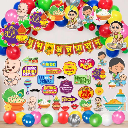 Zyozi Annaprasanam Swirls Hanging with Cardstock Cutout, Annaprasanam Paper Bunting Hindi Font Shubh Annaprashan and Balloon,Photo Booth Props,Rice Ceremony Decorations Items (Pack of 65)