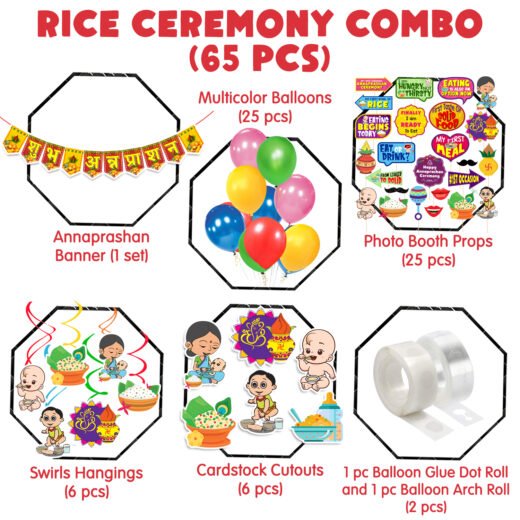 Zyozi Annaprasanam Swirls Hanging with Cardstock Cutout, Annaprasanam Paper Bunting Hindi Font Shubh Annaprashan and Balloon,Photo Booth Props,Rice Ceremony Decorations Items (Pack of 65)