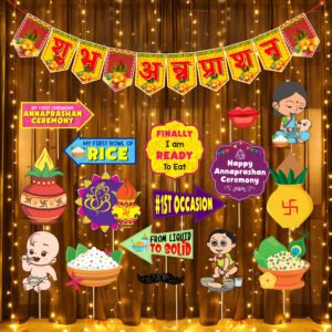 Zyozi Annaprasanam Photo Booth Props with Paper Bunting Banner Hindi Font Shubh Annaprashan | Rice Ceremony Decorations Items (Pack of 18)