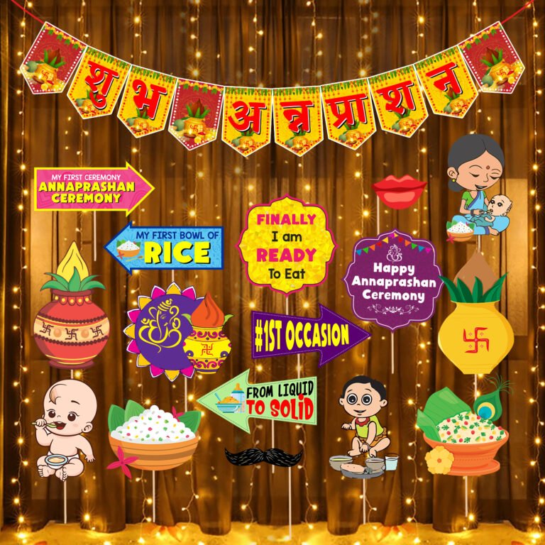 Zyozi Annaprasanam Photo Booth Props with Paper Bunting Banner Hindi Font Shubh Annaprashan | Rice Ceremony Decorations Items (Pack of 18)