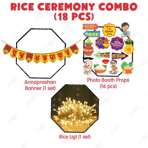 Zyozi Annaprasanam Photo Booth Props with Paper Bunting Banner Hindi Font Shubh Annaprashan | Rice Ceremony Decorations Items (Pack of 18)