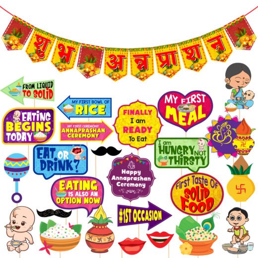 Zyozi 25 Pcs Annaprasanam Photo Booth Props with Annaprasanam Paper Bunting Paper Banner Hindi Font Shubh Annaprashan/Annaprashan Decoration Items (Pack of 26)