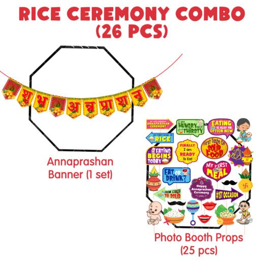 Zyozi 25 Pcs Annaprasanam Photo Booth Props with Annaprasanam Paper Bunting Paper Banner Hindi Font Shubh Annaprashan/Annaprashan Decoration Items (Pack of 26)