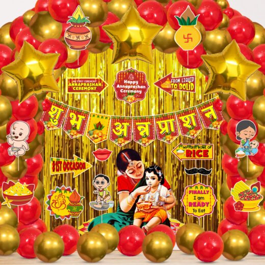 Zyozi Shubh Annaprashan Decorations Item | Annaprasanam Decorations Kit - Paper Banner, Balloons, Star Foil Balloons, Photo booth Props (Pack of 54)