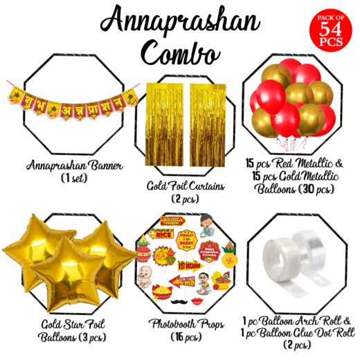 Zyozi Shubh Annaprashan Decorations Item | Annaprasanam Decorations Kit - Paper Banner, Balloons, Star Foil Balloons, Photo booth Props (Pack of 54)